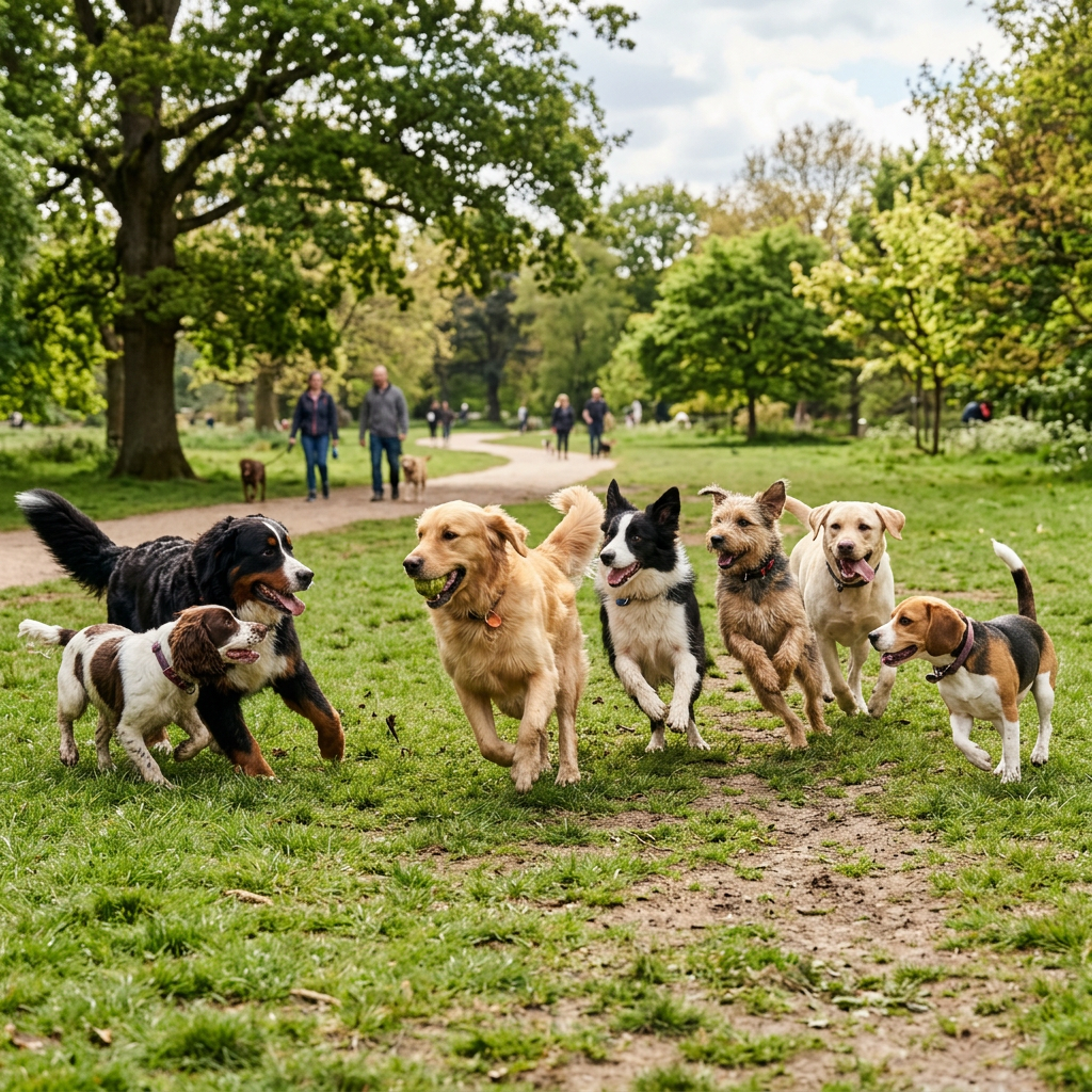 Six dogs running and playing together on a grassy path in a green park